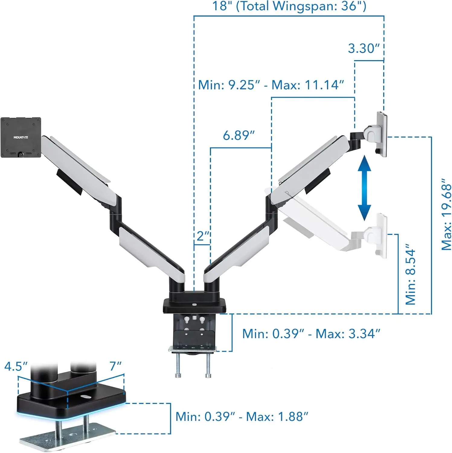 Braço de monitor duplo resistente de até 35 pol. Telas de 44 libras, luzes RGB, suporte de mesa VESA para 2 monitores curvos widescreen