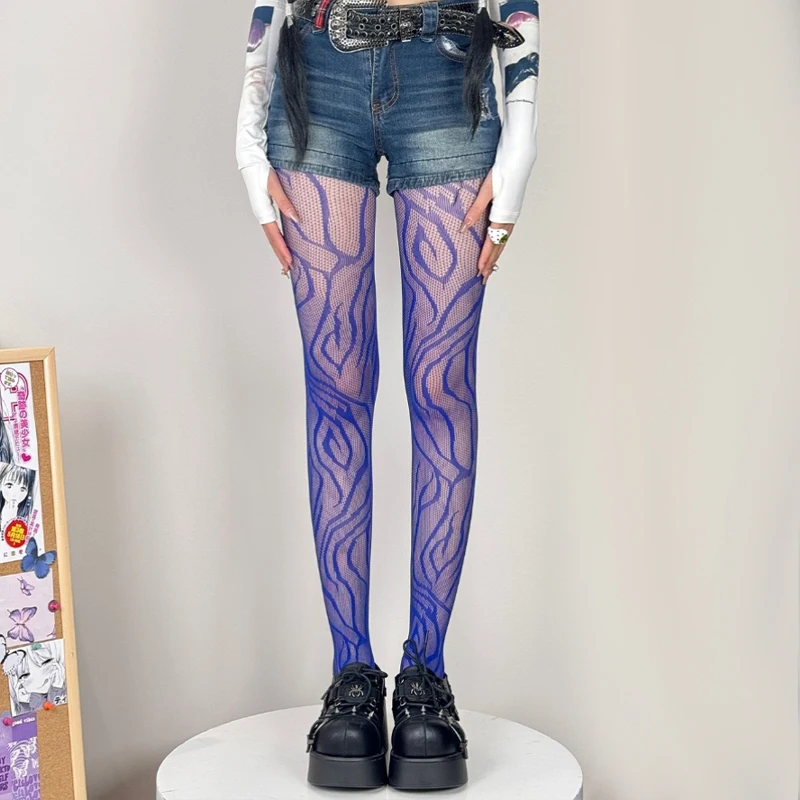 Y2k موضة القوطية زهرة الجوف خارج مثير جوارب طويلة النساء شبكة صيد السمك النبيذ الأحمر Ins الساخن الفتيات JK الجوارب عالية مطاطا محب طماق