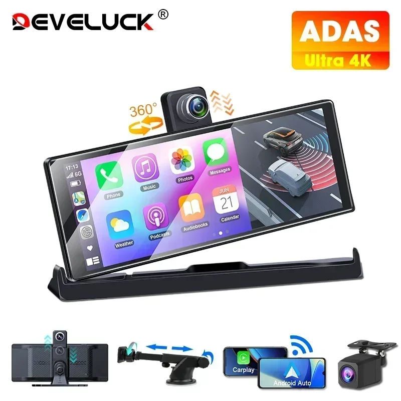 10.26'' ADAS Dashcam 4K Carplay Android Auto Car DVR Video Recorder Rearview Camera Monitor Black Box Smart Automobile Systems