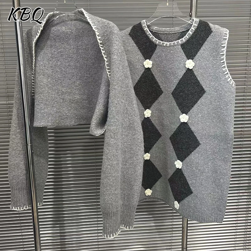 

KBQ Повседневные свободные комплекты из двух предметов во французском стиле для женщин, пальто с длинными рукавами, топ без рукавов с принтом, милый комплект, женская мода