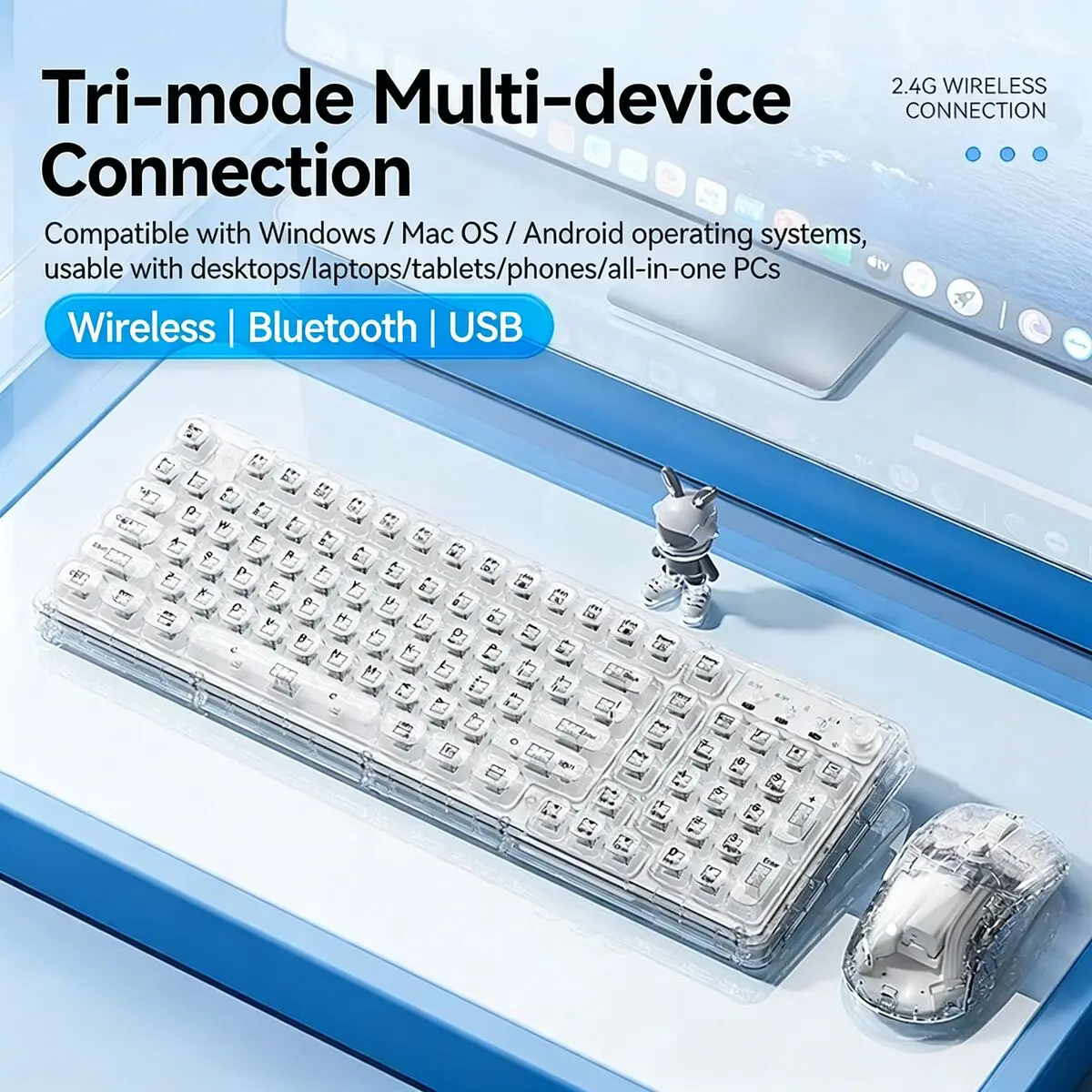 Transparent Crystal Keyboard Mouse Combo Tri-Mode Wired Wireless Bluetooth RGB Backlight Rechargeable for PC Phone Tablet Laptop