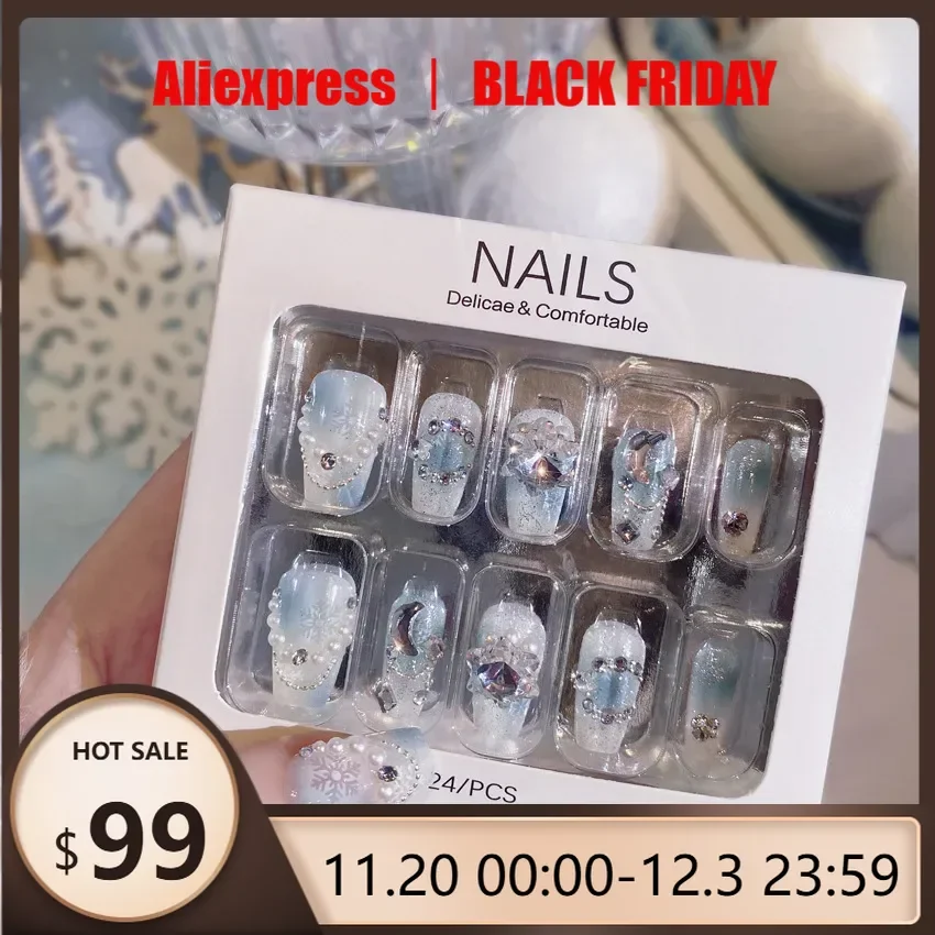 24Pcs Blue Press-On Nails Set Sparkling Snowflake&Rhinestone Design Long Full Cover Fake Nail Tips for Christmas&Winter Wear