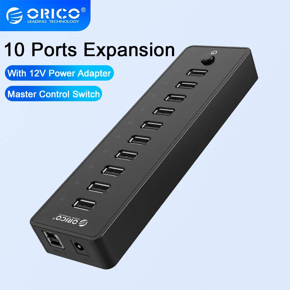 ORICO USB HUB 10 Ports USB Splitter With On-Off Switch 12V Power Adapter High Speed USB Hub For PC Laptop Computer Accessories