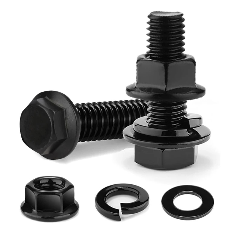 Set di bulloni e dadi esagonali con flangia M6 M8 acciaio legato zincato nero vite metrica di grado 10.9 Kit di assortimento di rondelle piatte e di