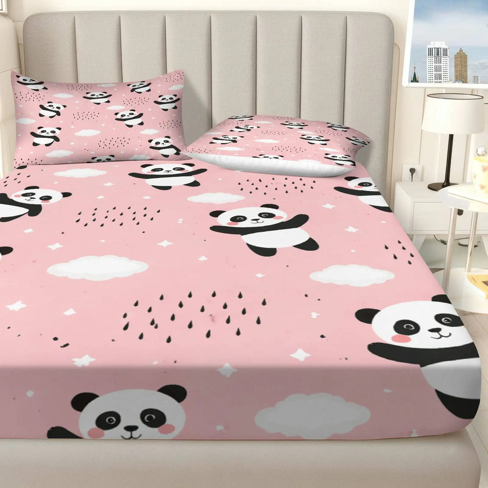 3-Piece Mattress Protector Set, 2D Flat Printed Fitted Sheet, Cute Panda Cloud Pink Fitted Sheet Set, Holiday-Themed Home Bedroom Decoration, Holiday Fitted Sheet and Pillowcase, Mattress Protector, Stain-Resistant, Mattress Cover, Suitable for All Seasons, Machine Washable, Easy to Care For, Universal for Home Bedroom, Essential for Dorms and Rentals, Master Bedroom and Guest Room Decoration, Dust-Proof and Stain-Resistant, High Elasticity, Fits Various Sizes