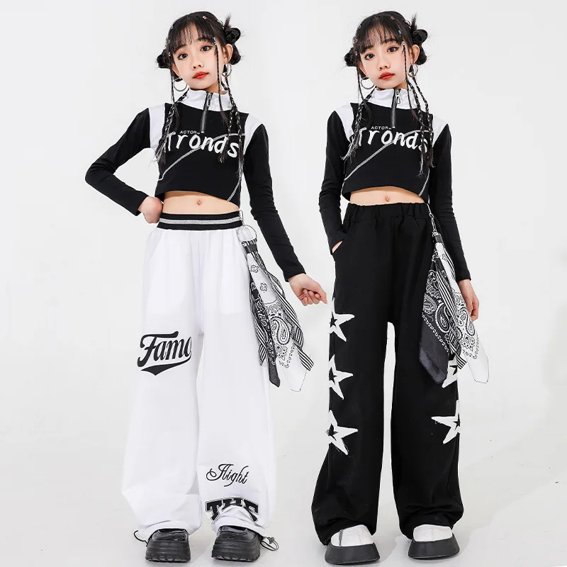 Kostum Tari Jazz Anak Perempuan Atasan Pusar Hitam Manis dan Keren Setelan Celana Putih Pakaian Panggung Pertunjukan Kelompok Anak-anak