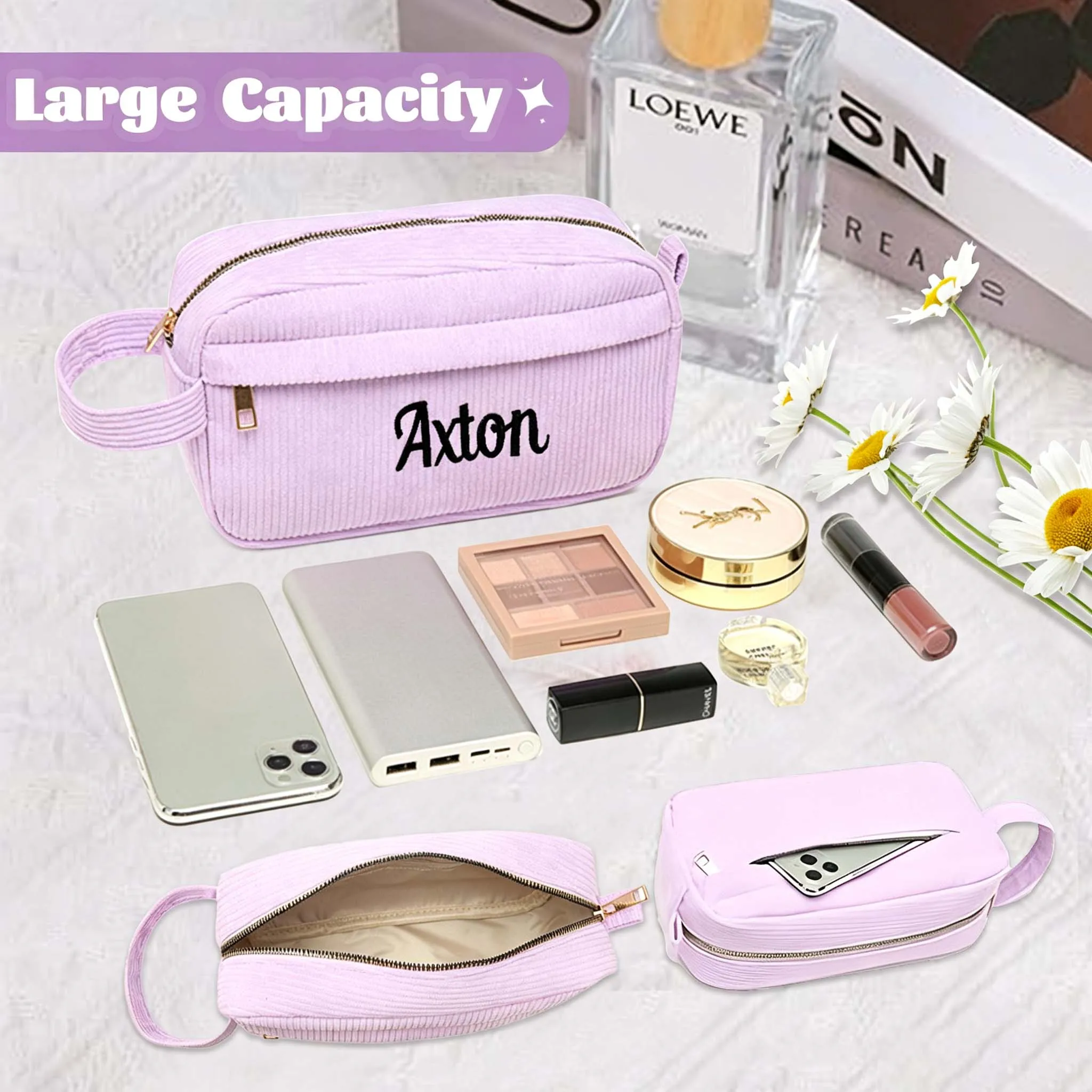 Personalized Embroidered Corduroy Cosmetic Bag, Custom Makeup Pouch, Macaron Color Pen Pouch, Cute Simple Travel Storage Bag for
