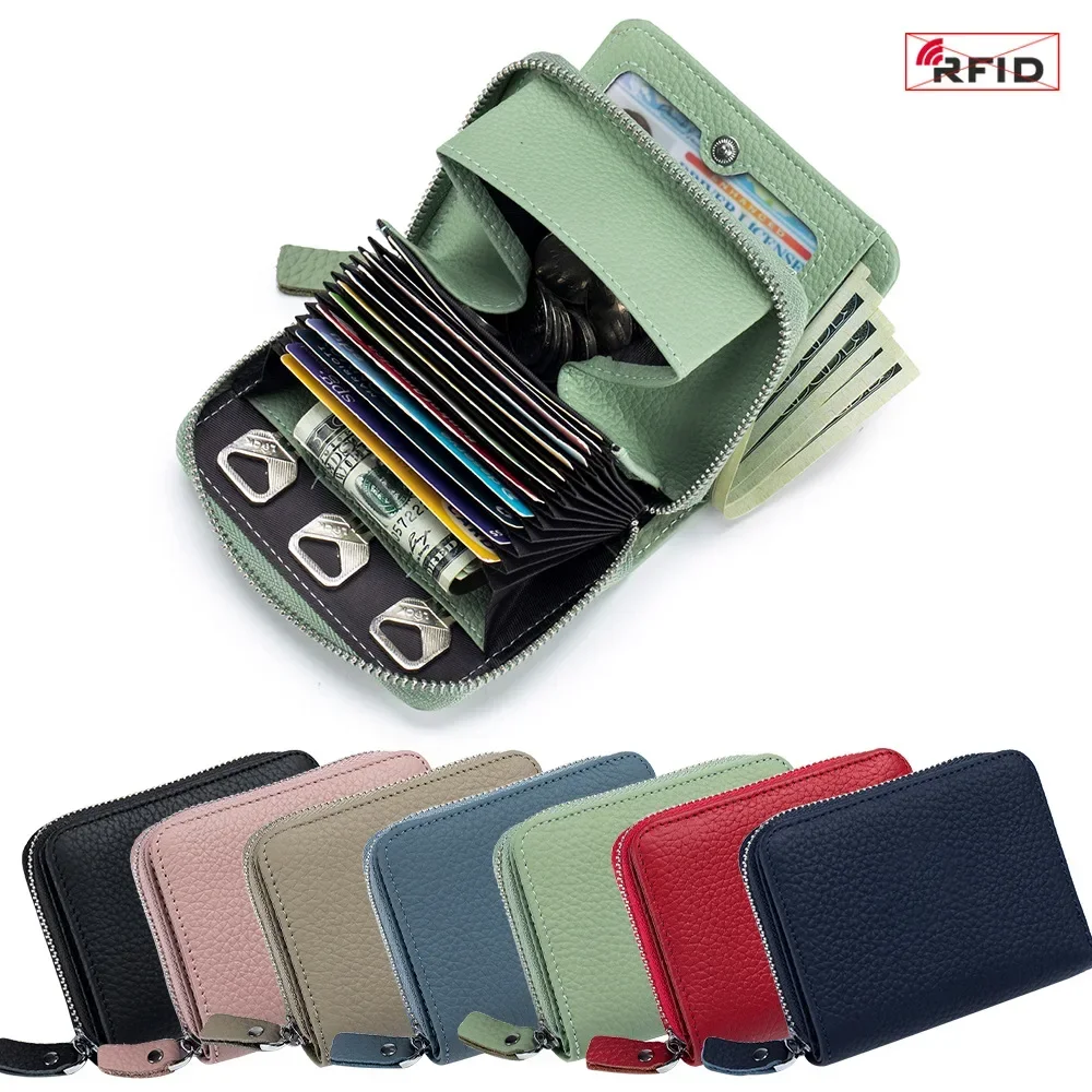 Casual Durable Short Women Wallets Fashion RFID Protection Cowhide Foldable Unisex Zipper Bag Multi-function Position Coin Purse