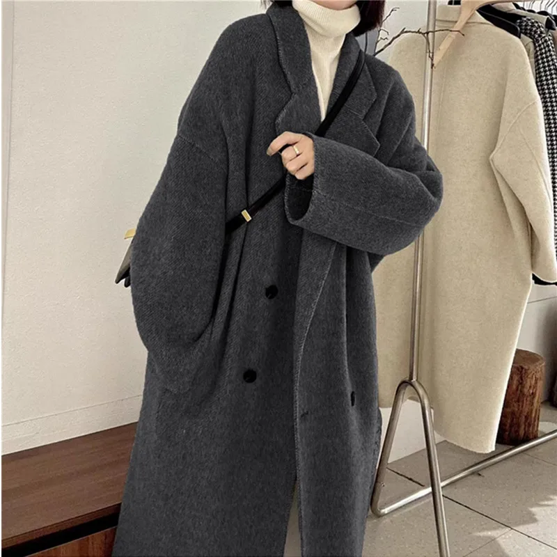 Black gray Double-sided Cashmere Coat For women Mid to long 2027 Autumn Winter New Korean Loose Temperament High-end Wool Coats