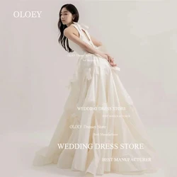 OLOEY Simple Satin Ivory Wedding Dress Korea Photoshoot Bow O-Neck Sleeveless Floor-Length Bride Dress Robe de mariage