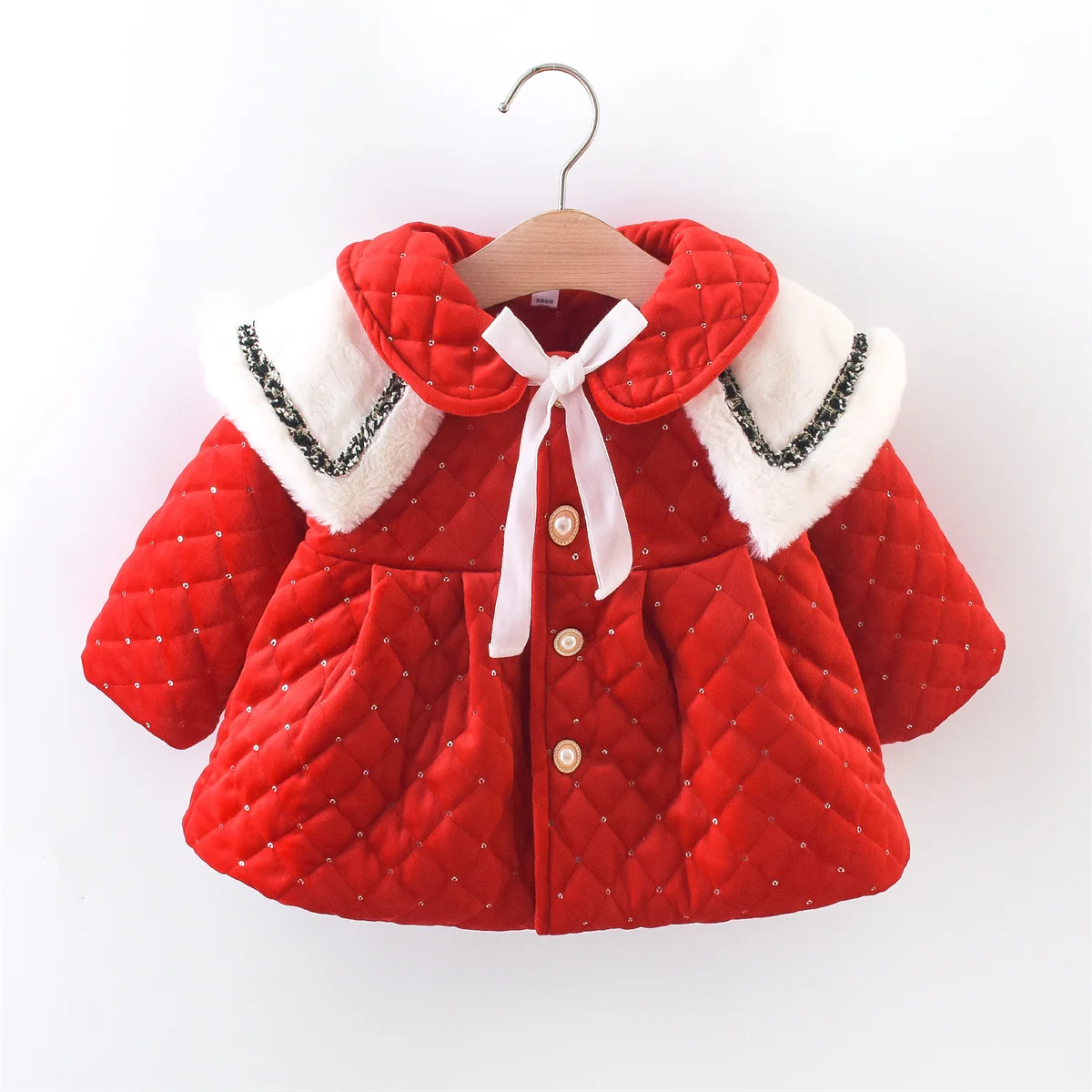 Winter Baby Girl Large Neck Thick Coat Sequin Quilted Single Breasted Solid Color Cute Cotton Filled Warm Windbreaker