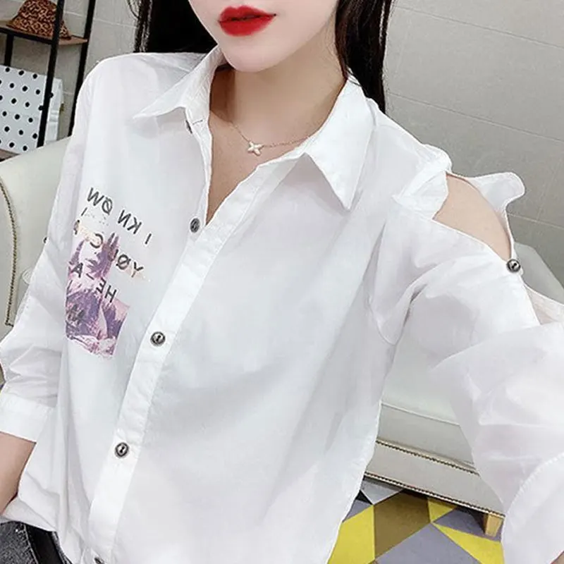 Korean Fashion Printed Letter Blouse 2023 Summer Casual Off Shoulder Spliced Women\'s Clothing Single-breasted 3/4 Sleeve Shirt