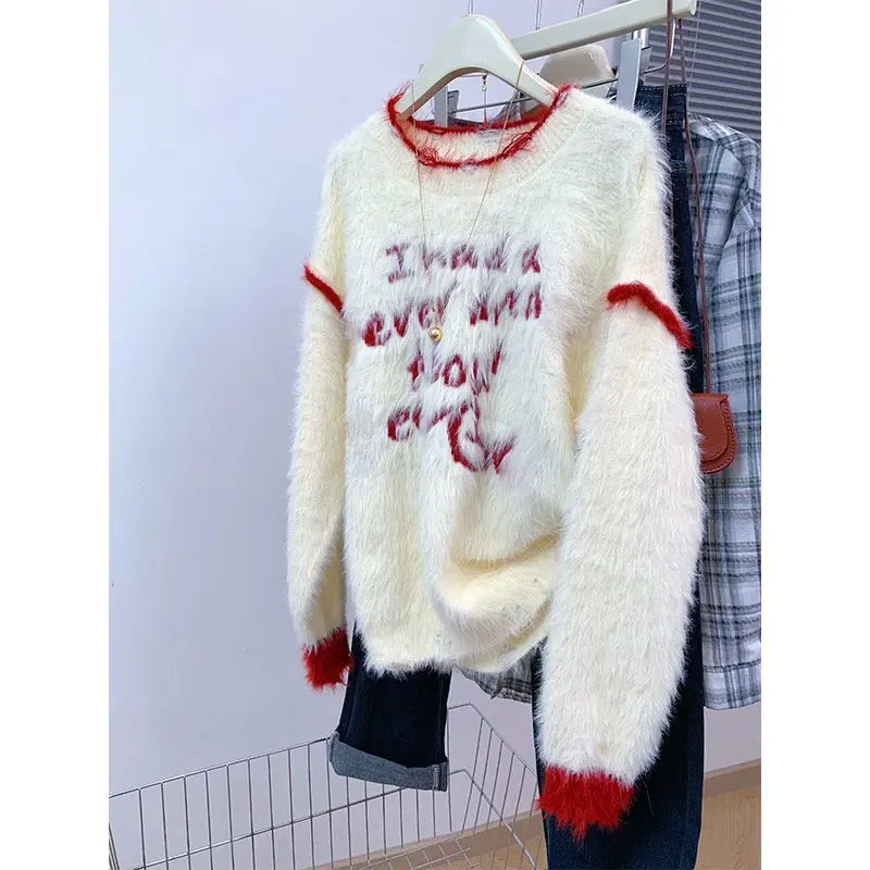 

Mink Fleece Sweater for Women Thickened Plush Red Printed Letters Pullover Contrast Color Oversized Casual Fluff Lady Sweaters