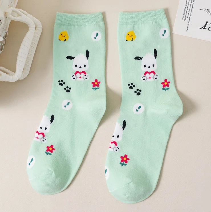 Calcetines de dibujos animados de Sanrio Pochacco, calcetines de algodón peinado a media pantorrilla para mujer, calcetines casuales para cachorros bonitos