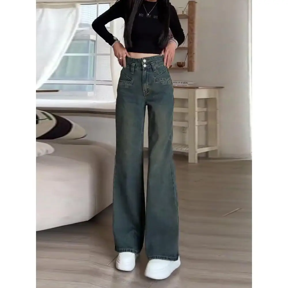 

High Waist Straight Leg Fce Lined Thiened Denim Jeans Women's Small Size Loose Fit Long Pants Winter Casual Pure Color