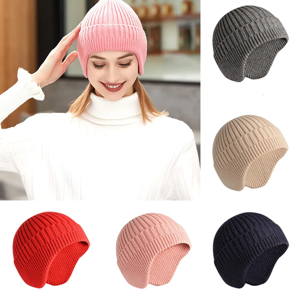 Solid Knitted Hat Winter Thermal Running Sports Hats Stretch Fitness Warm Ear Cover Beanie Hiking Cycling Ski Windproof Cap Soft