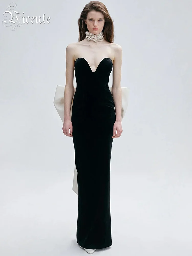 

VC Glamorous Black Mermaid Strapless V-Neck Dress Gown with Bow Detail for Galas Wedding Party