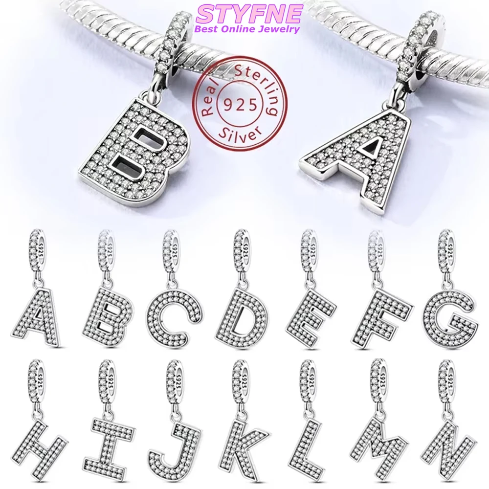 

925 Silver Original Simple A-Z White Zircon 26 Letters Charms Beads Fit Bracelet Women Jewelry DIY Birthday Anniversary Gift