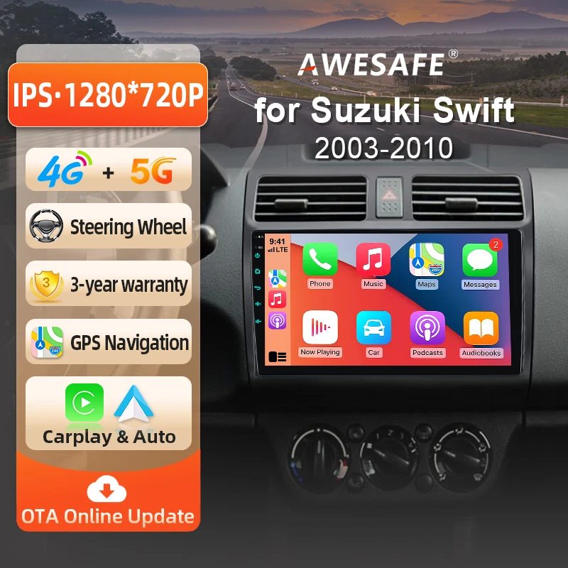 AWESAFE Radio Android de 10 pulgadas para Suzuki Swift 2003-2010, CarPlay inalámbrico y Android Auto, navegación GPS, soporte multimedia, control del volante, amplificador de subwoofer, cámara trasera, Plug and Play, DAB+, autoradio digital, radio de coche 2 DIN, estéreo, RDS, DSP, FM, WIFI, 4G