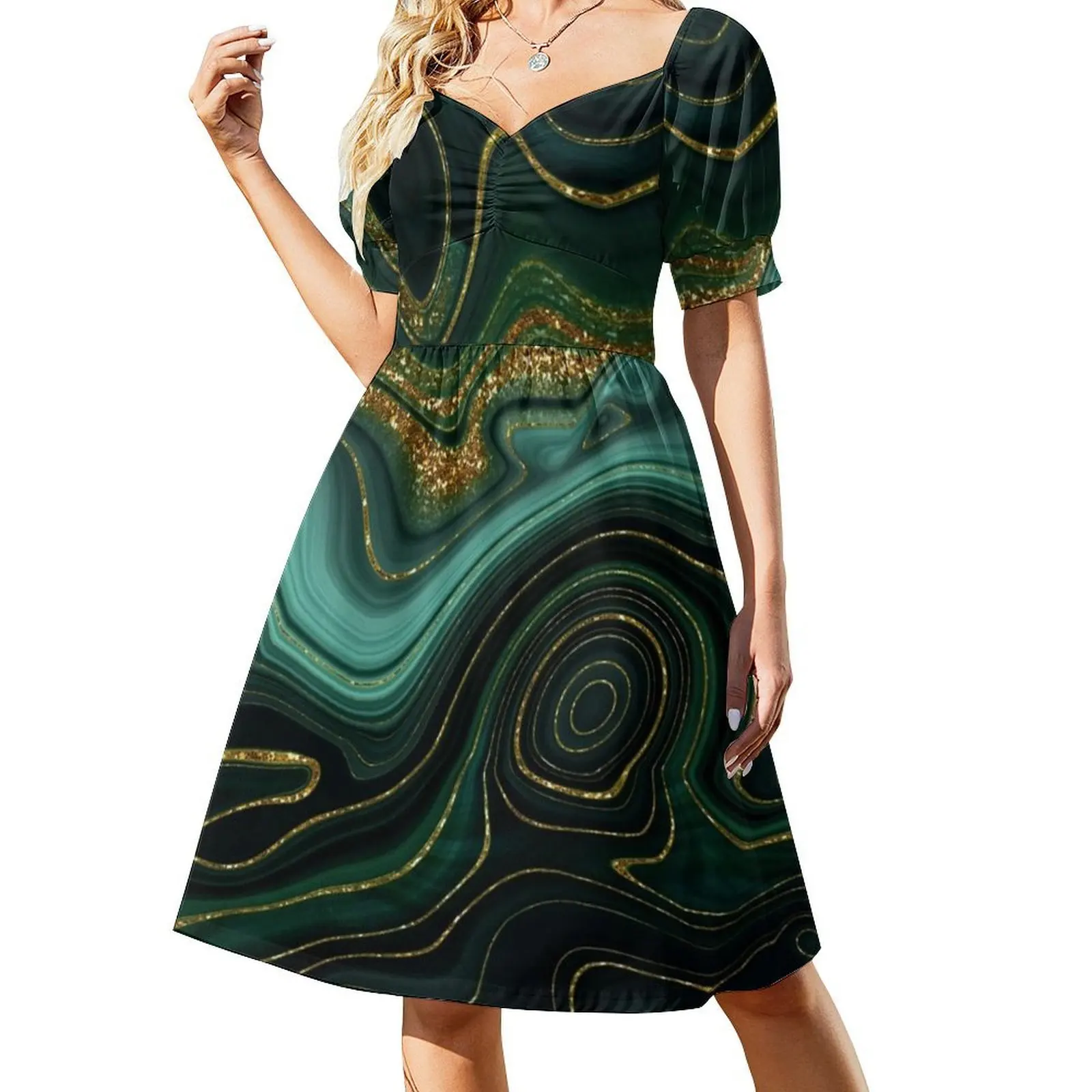 Ouro índigo malaquita falso mármore ii querida decote vestido elegante vestido de festa de verão para mulher textura de mármore geode