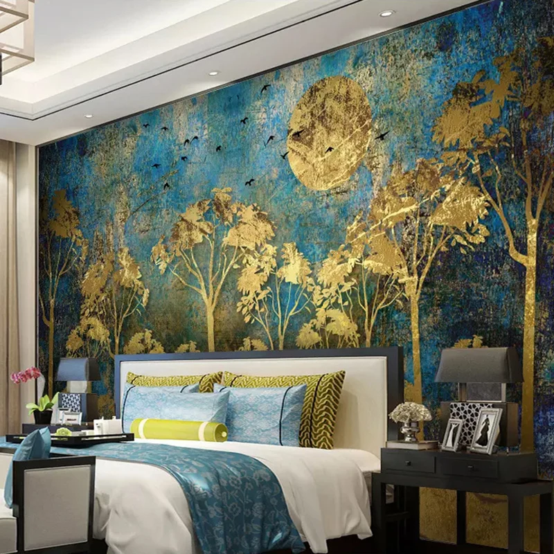 Custom Mural Painting Chinese Style Abstract Golden Forest Tree Bird Deer Photo Wallpaper Living Room Bedroom Art Wall Decor