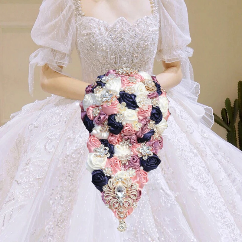 Korean Bride Wedding Waterfall  Bouquet Luxury Diamond Pearl Sapphire Blue + White Silk Rose Handmade Bridesmaid