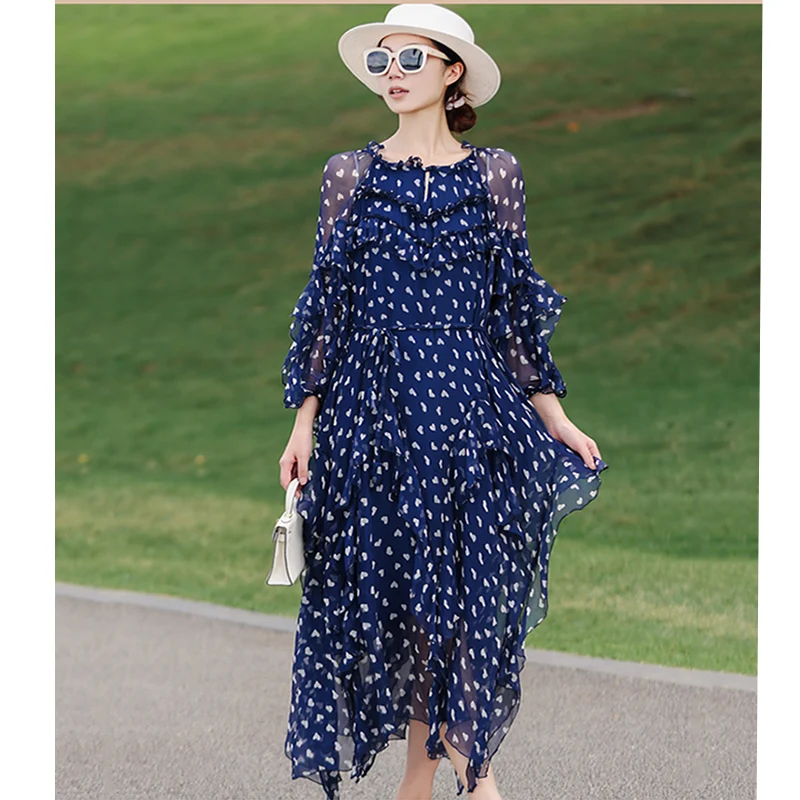 

Spring and Autumn New O-Neck High End Luxury Heart Printed Splicing Lotus Leaf Edge Loose Vacation Silk Long Dress One Size