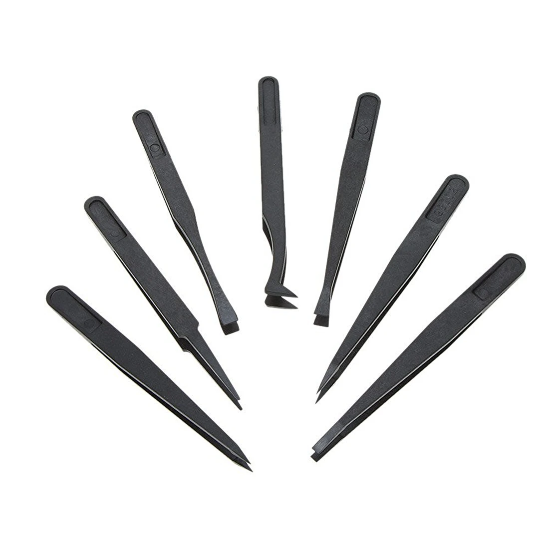 7 Stück schwarzer Kunststoff anti statische Flach boden Pinzette Handwerkzeug Set