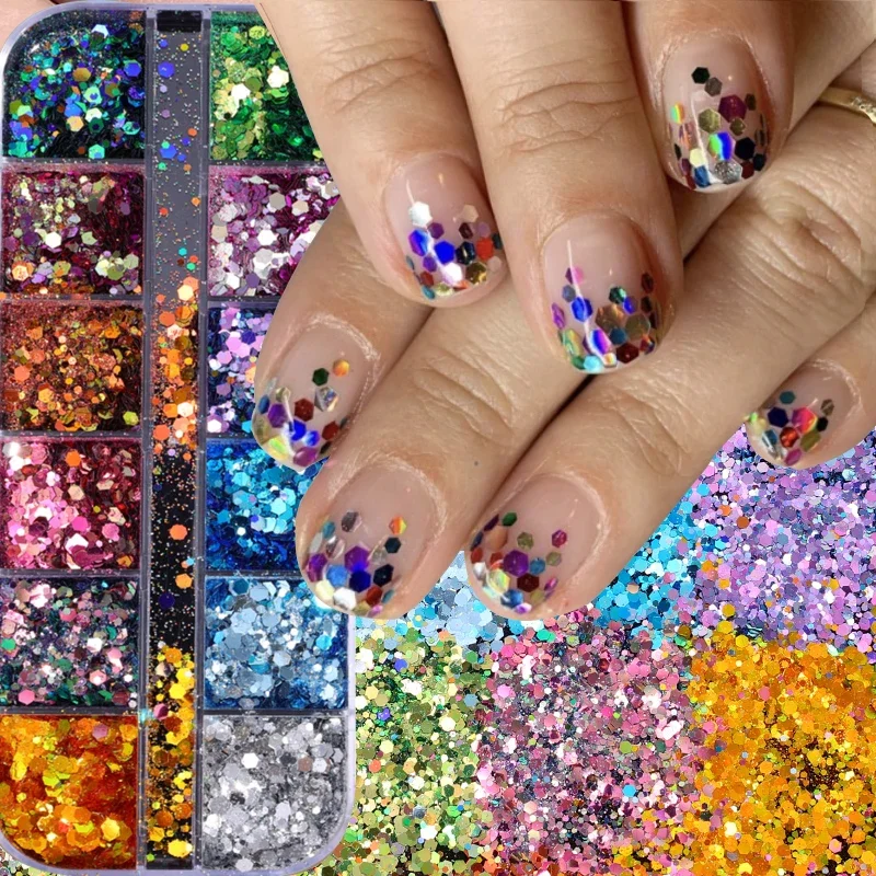 Paillettes Hexagonales 3D pour Ongles, 12 Grilles, Irrégulières, Nail Art, Poudre, Verhéritage Gel, DIY, Holographique, Décorations de Manucure