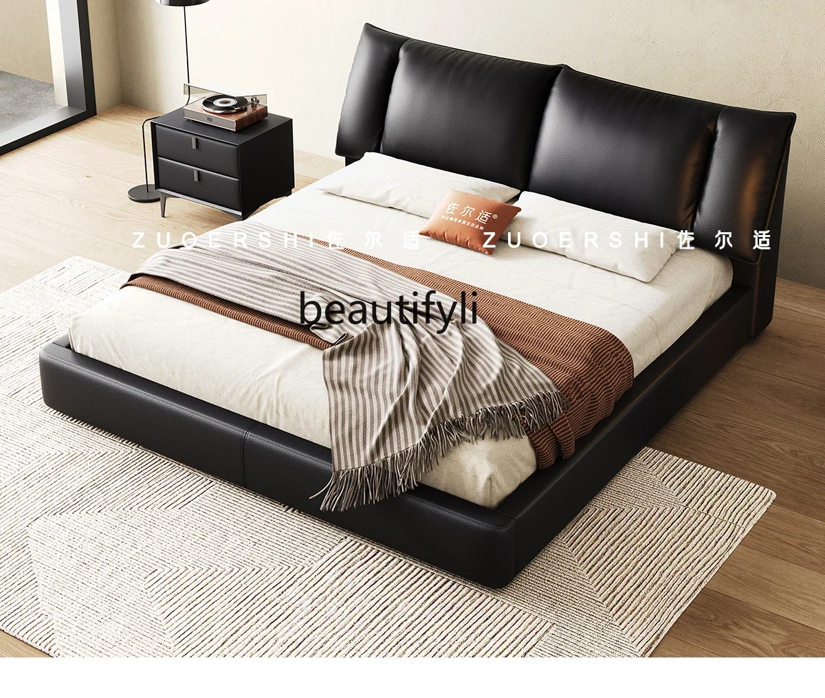 MM45 Retro Black Bed Modern Minimalist Master Bedroom Marriage Bed Storage Italian Minimalist Sailing Leather Bed