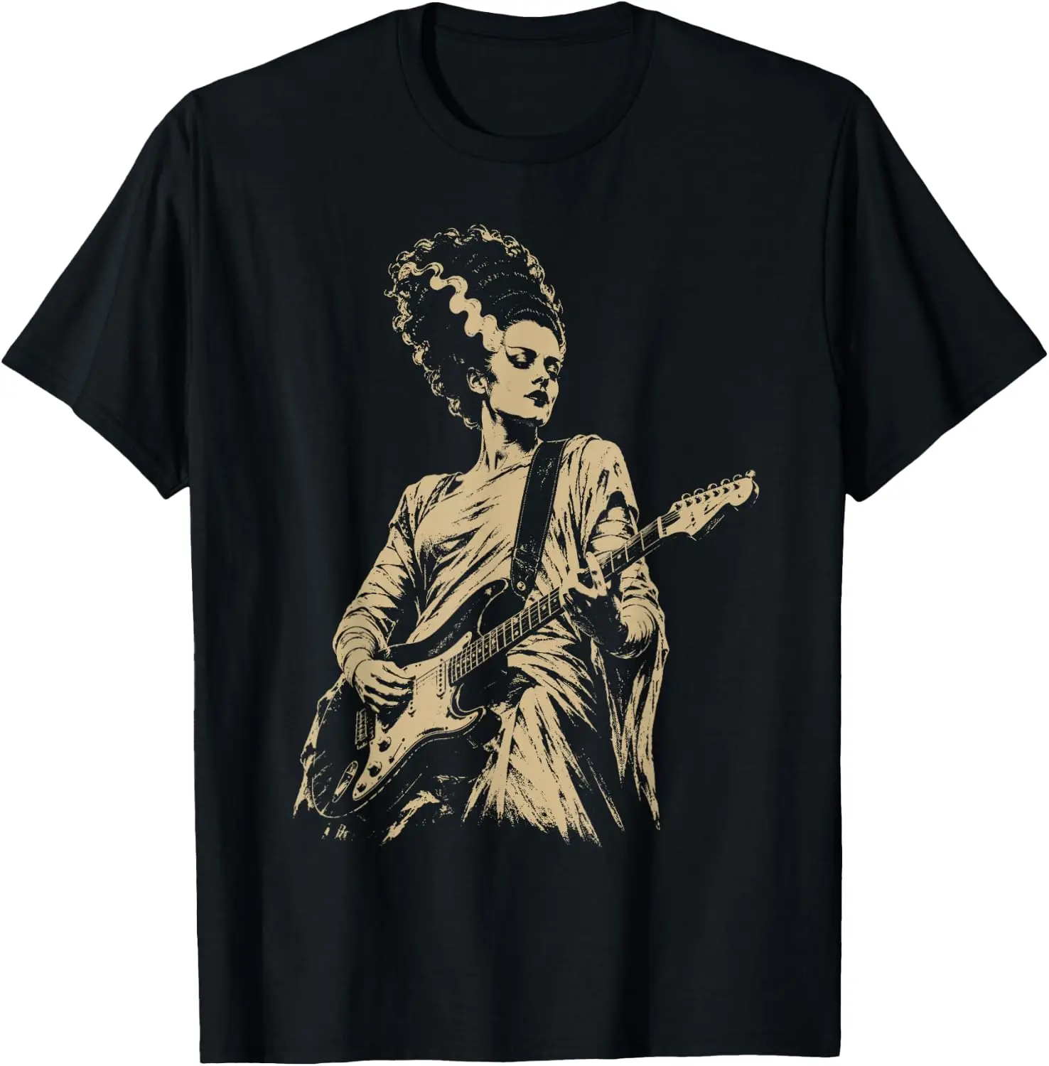 Bride Of Frankenstein Playing Guitar Halloween Guitarist T-Shirt Vintage Style Graphic T‑Shirt, Retro Tee, 100% Cotton Soft Lightweight Crew Neck Unisex Casual Short Sleeve Tops For Men Women Daily Wear