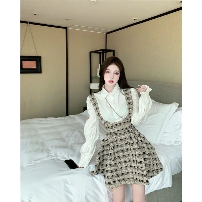 Spring Autumn Set Women\'s Middle School Bubble Sleeve Long Sleeve Shirt Women\'s Checkered Waist Strap Skirt Two Piece Set