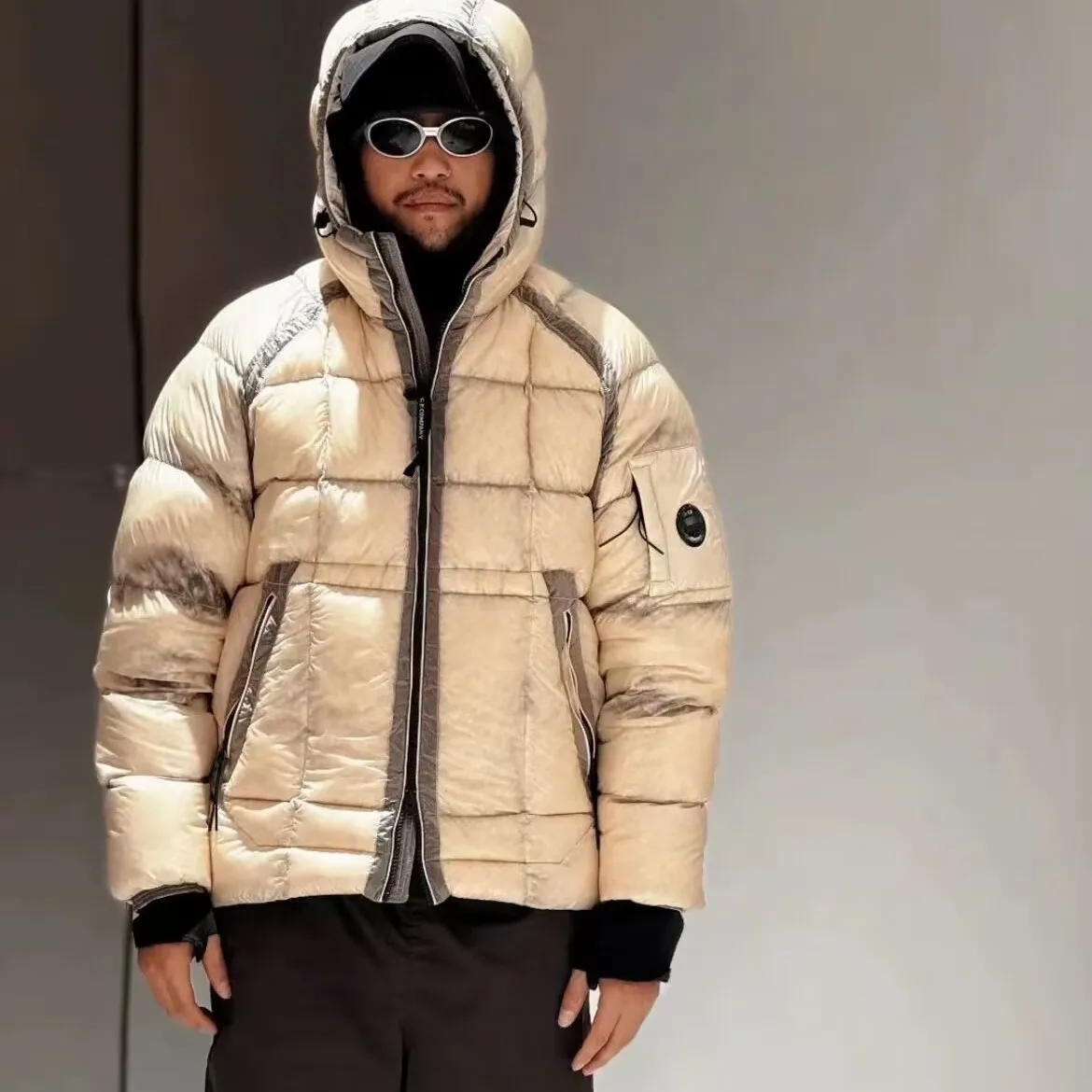 Japanese Style Outdoor Function Street Company Fluffy Warm Embroidered Plaid down Cotton Jacket Coat Long Sleeve Hooded