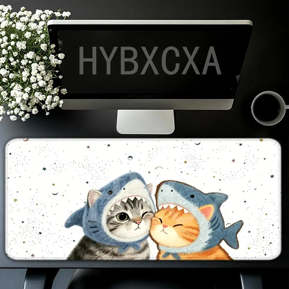 

HYBXAXC Shark Cats Mouse Pad, Kawaii Ocean Adventure Mouse Pad, Whimsical Feline Decor Mats Large XXL Gamer Mousepad 90x40