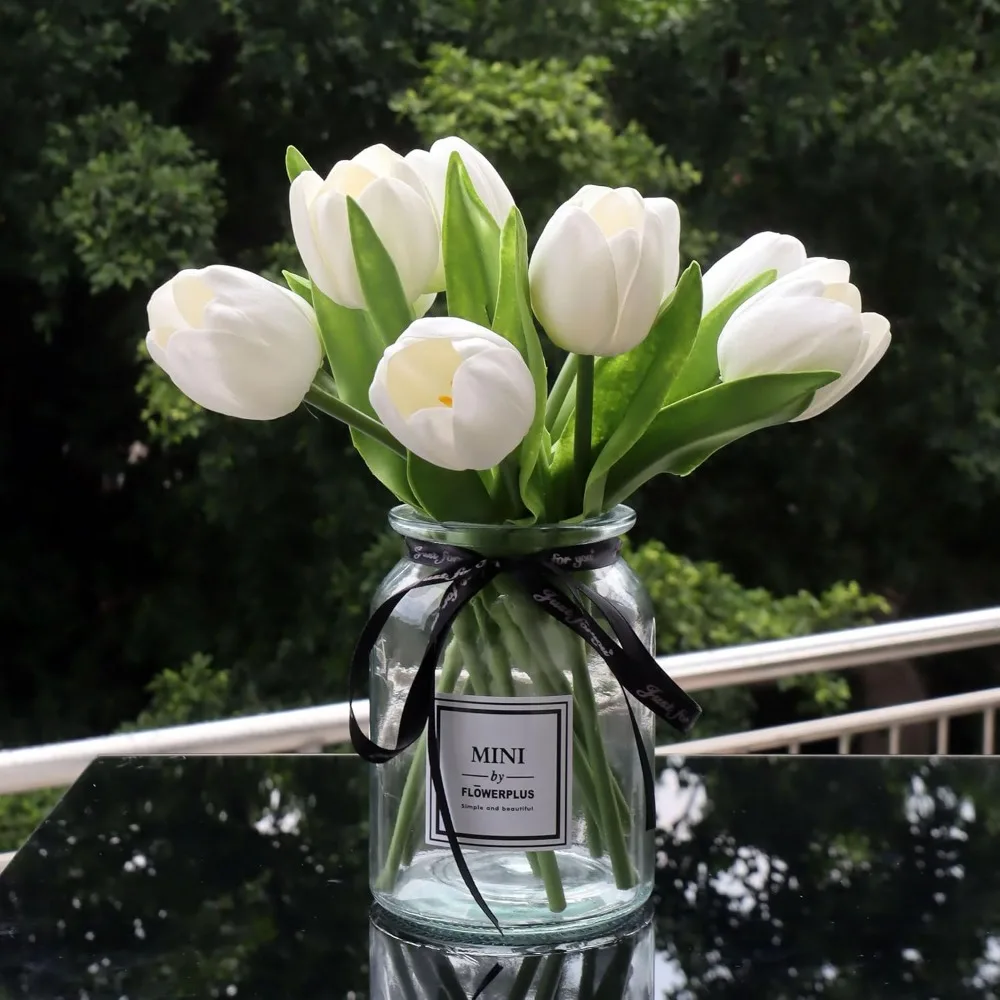 

10pcs Fake Faux Tulips in Vase,Silk White Tulipanes Tulips Artificial Flowers Real Touch Arrangements with Vase for Desk Table D