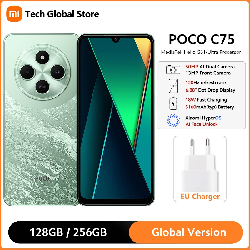 POCO C75 versión Global Smartphone 8GB 256GB MediaTek Helio G81-Ultra procesador 6,88 "120Hz pantalla 50MP cámara 5160mAh batería