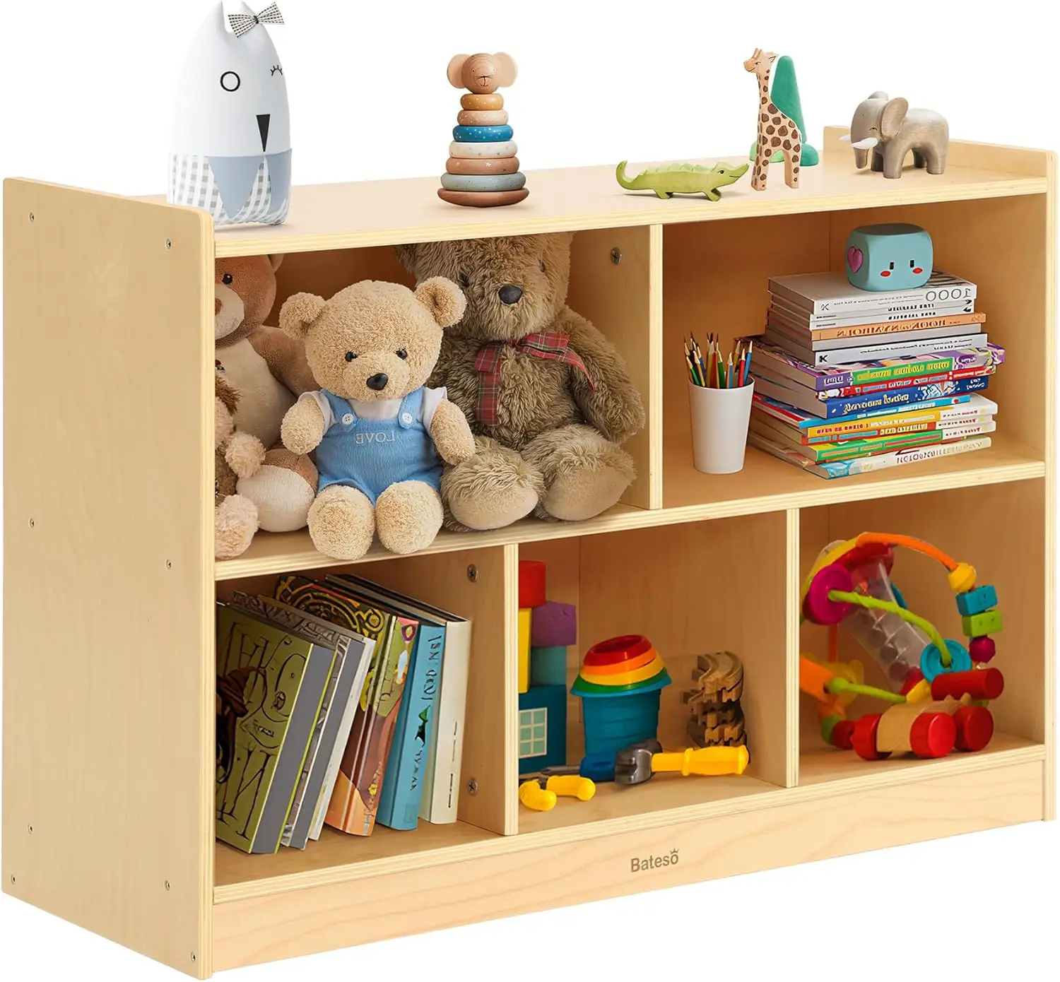 Toy Storage Organizer for Kids, 5-Compartment Wooden Toy Storage Cabinet, Montessori Bookshelf for Books & Toys, 2-Tier Kids Boo