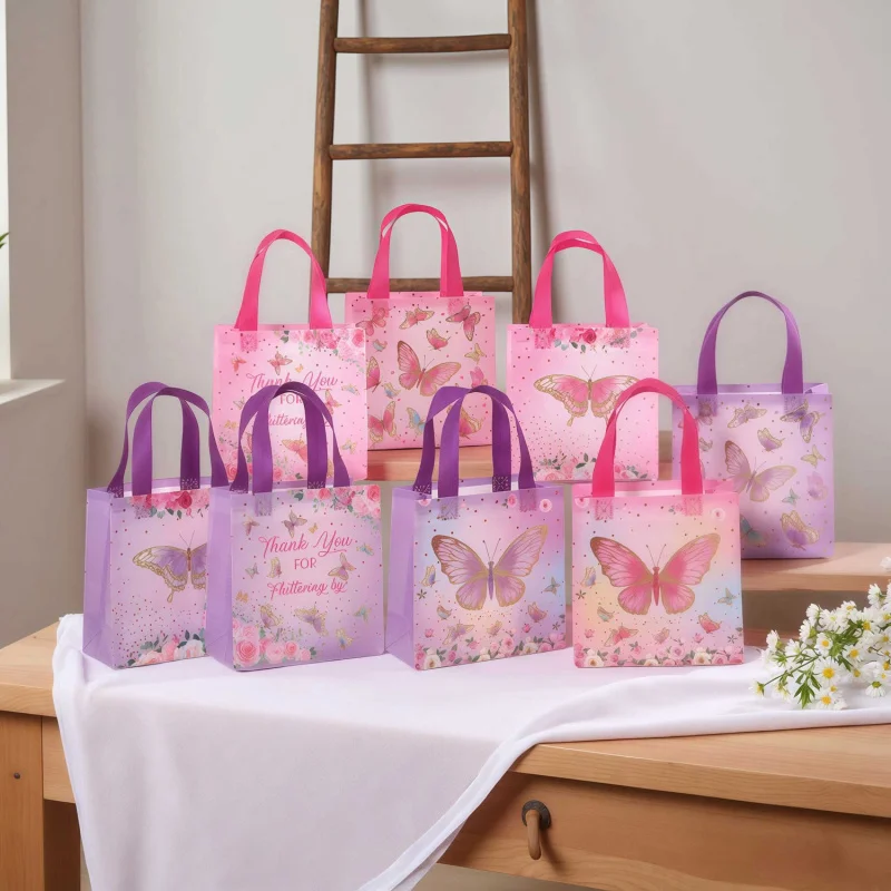 

Hot-Selling Pink and Purple Butterfly Theme AB-Sided Gift Packaging Bag Non-Woven Fabric Party Favor Handheld
