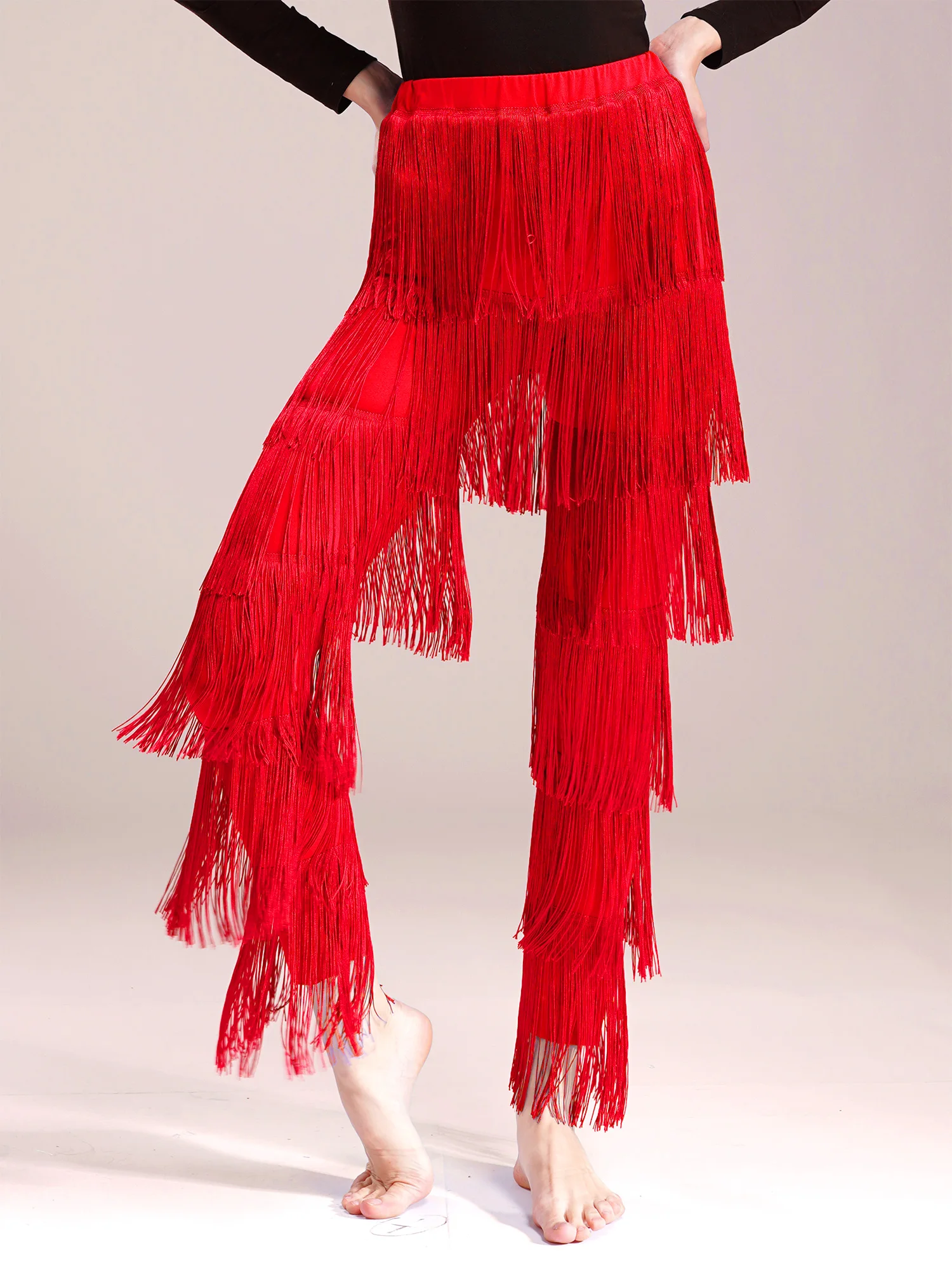 النساء شرابة اللاتينية السراويل قاعة الرقص التانغو تشا تشا المتدرج هامش بنطلون رومبا اللاتينية ملابس رقص الأداء ممارسة الملابس