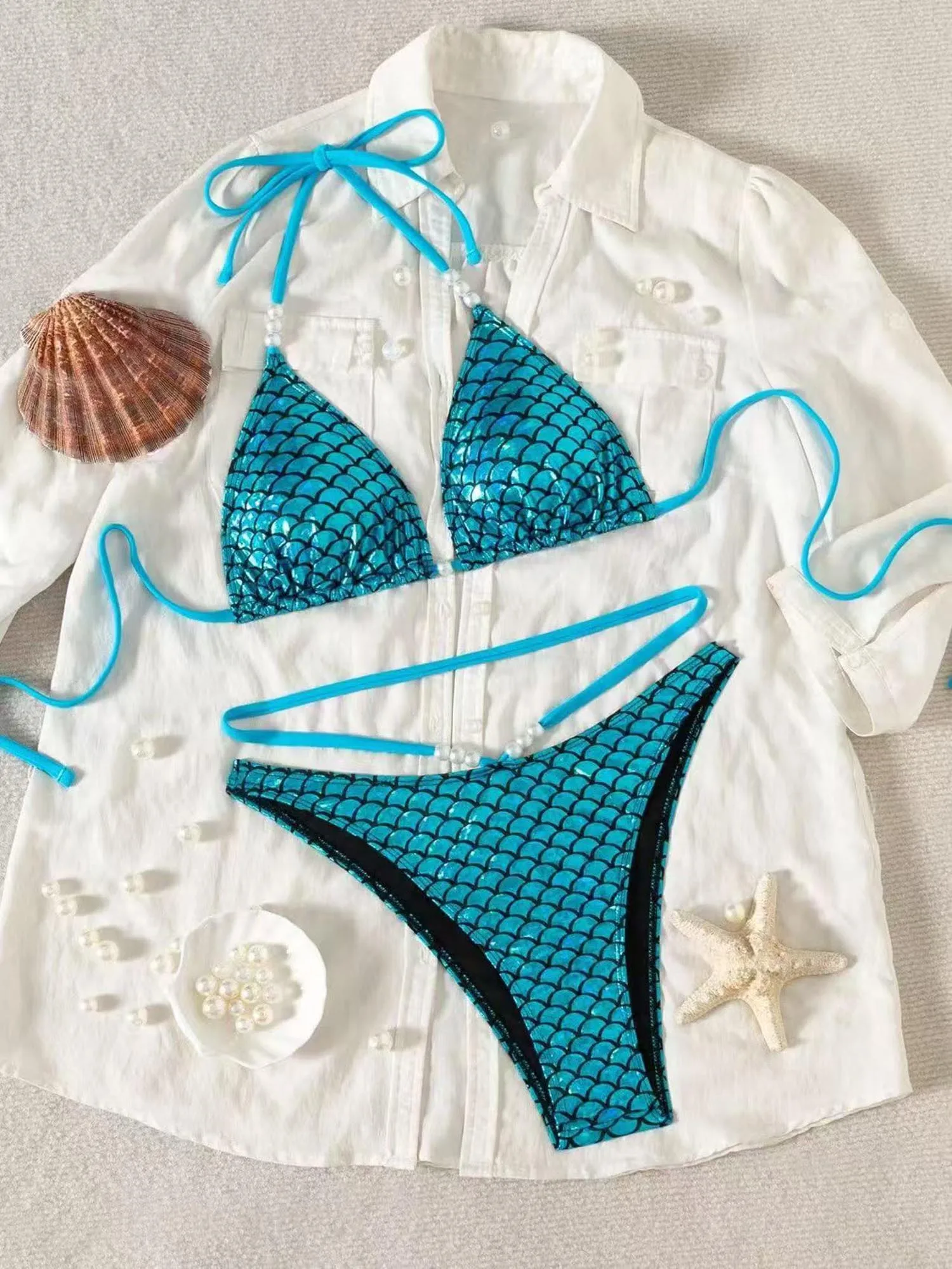 

Women Bikini Sexy Swimming Suits String Two Piece Fish Scale Pattern Halter Tie Up Bra with Thong for Beach Summer