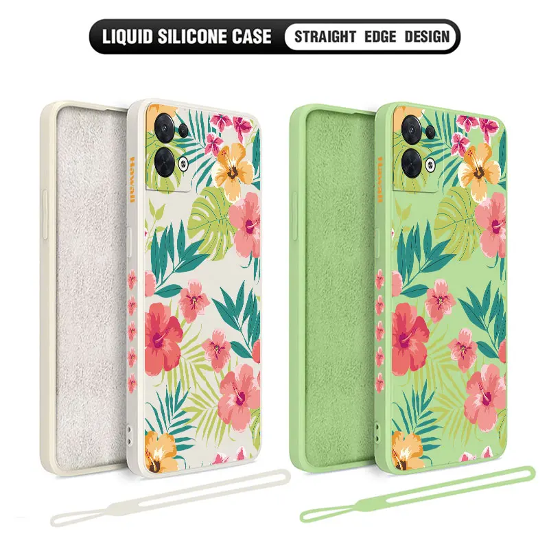 Hawaii Hibiscus Flower Phone Case For OPPO Reno 3 4 8 8T 8Z 7 7Z 6 5 F19 F9 Pro 4G 5G Liquid Soft Silicone Cover With Hand Strap