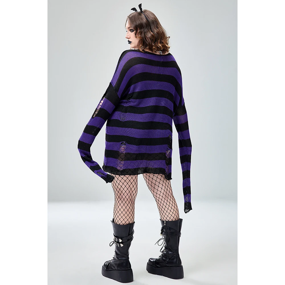 Plus Size Halloween Costume Red Gothic Crochet Round-Neck Long Sleeve Striped Sweater