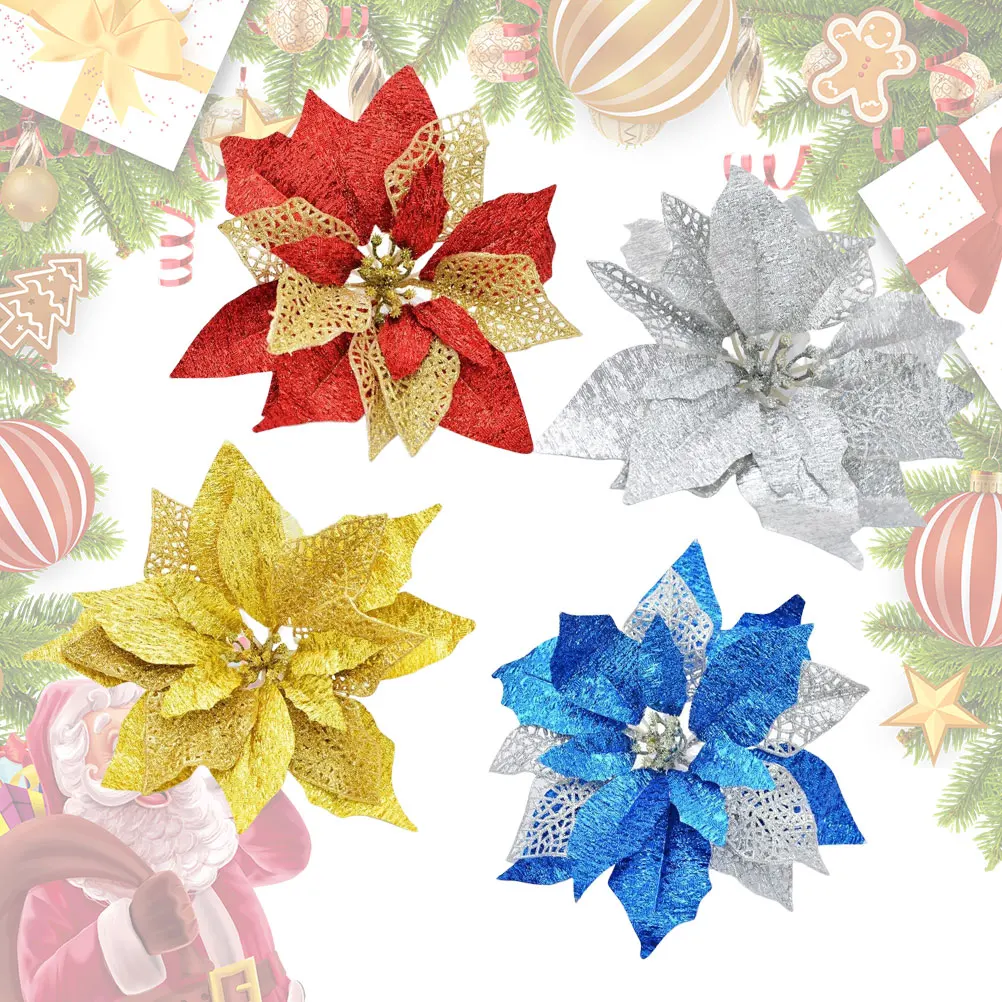 

4Pcs Glitter Christmas Simulation Flower Cloth Flower Decoration Props Charming Home Party Ornaments Bright Colors