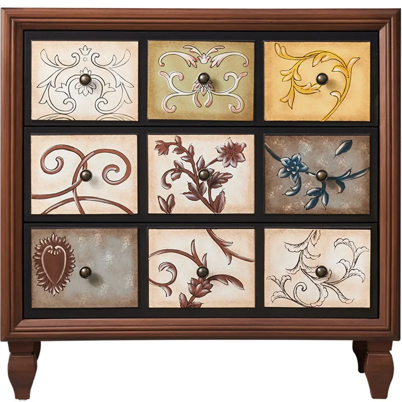 CX solid wood three-bucket cabinet, living room furniture, bedroom drawer, retro painted storage porch cabinet