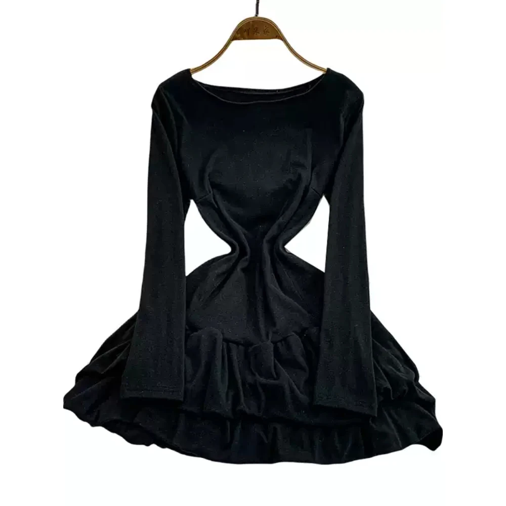 Vestido feminino linha a, cor sólida, primavera outono, elegante, temperamento, gola redonda, manga comprida, vestidos em camadas, roupa de escritório