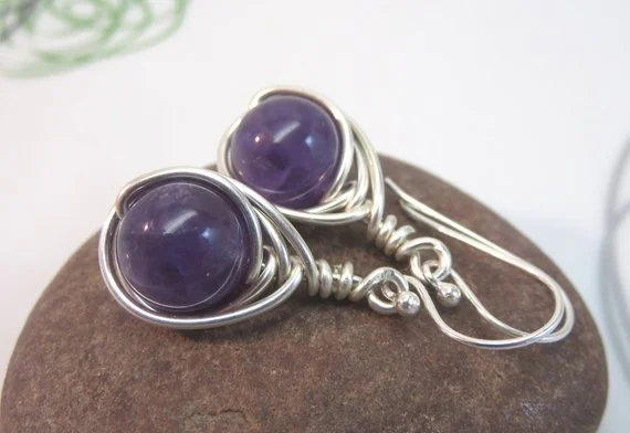 Purple amethyst earrings sterling silver wire wrapped gemstone February birthstone herringbone