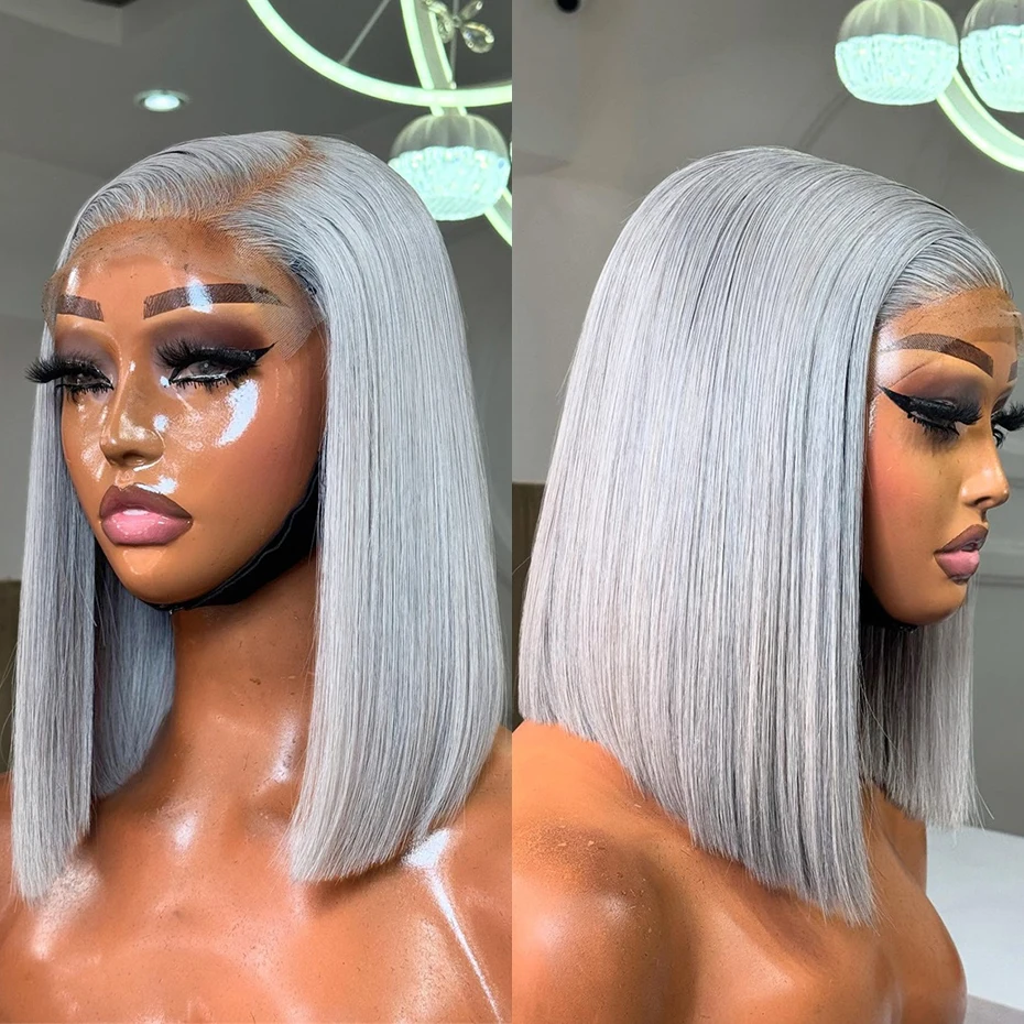 Silver Grey Color Short Bob Wig Human Hair Pre Plucked 13x6 Hd Transparent Lace Front Wigs For Women Gray Bob Wigs 220% Density