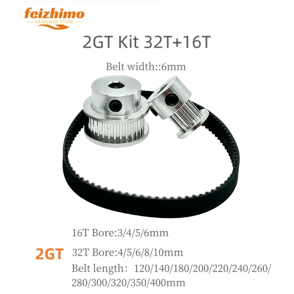 

GT2Synchronous Pulley Belt Kit 32T 16Teeth Belt Width 6mm ,2GT Timing Belt Pulley Set Tensioning Wheel Bore 3~10mm Reduction 2:1