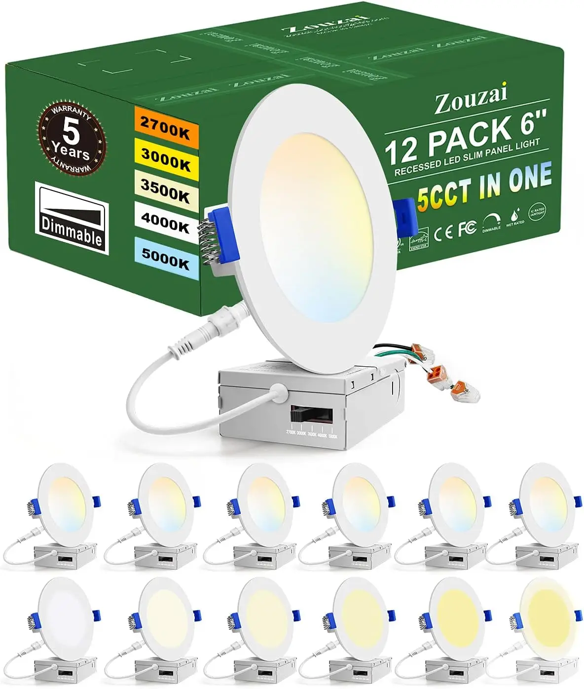 Zouzai-ultra-fino LED recesso luz de teto com caixa de junção, selecionável, 6 ", 5Cct, 2700K, 3000K, 3500K, 4000K, 5000K, 12 Pack