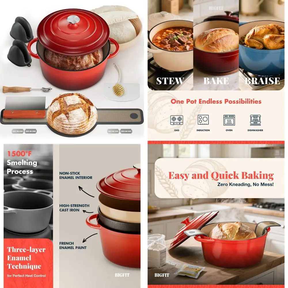 

5-Quart Cast Iron Dutch Oven for Bread Baking, Including Banneton Proofing Basket and Sourdough Baking Essentials